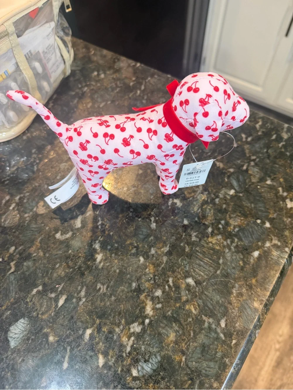 PINK Victoria's Secret White Plush Dog Key Ring with Red Cherry Print - Picture 2 of 2